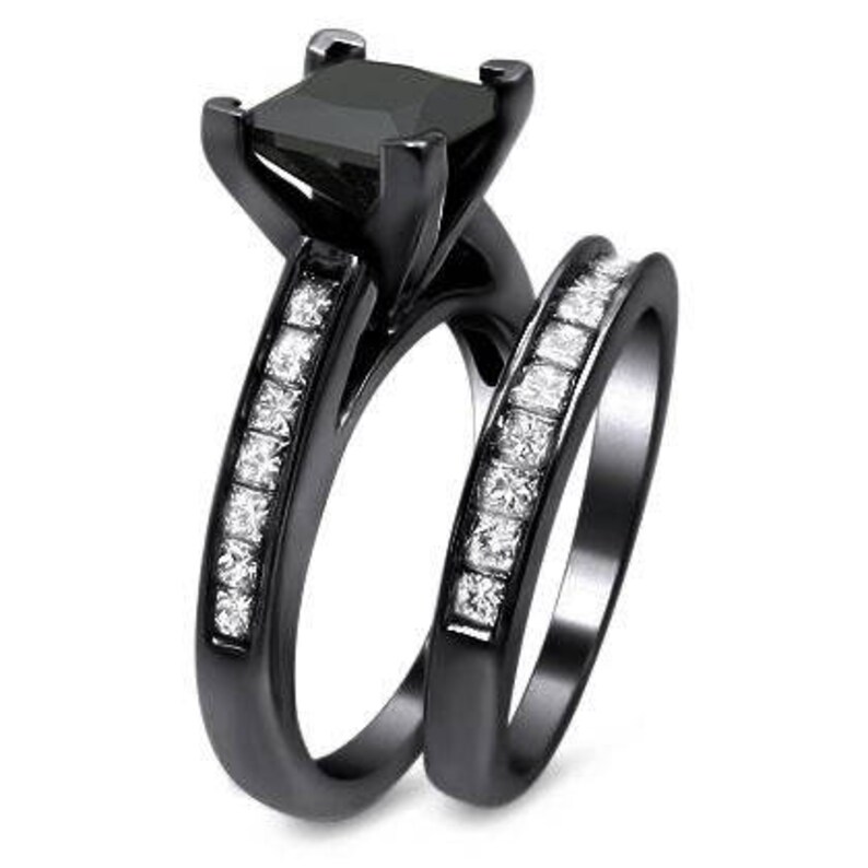 2.50ct Black Princess Cut Diamond Engagement Ring Bridal Set Etsy