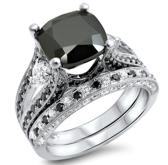 Black Cushion Cut Diamond Engagement Ring Bridal Set 4.20ct | Etsy