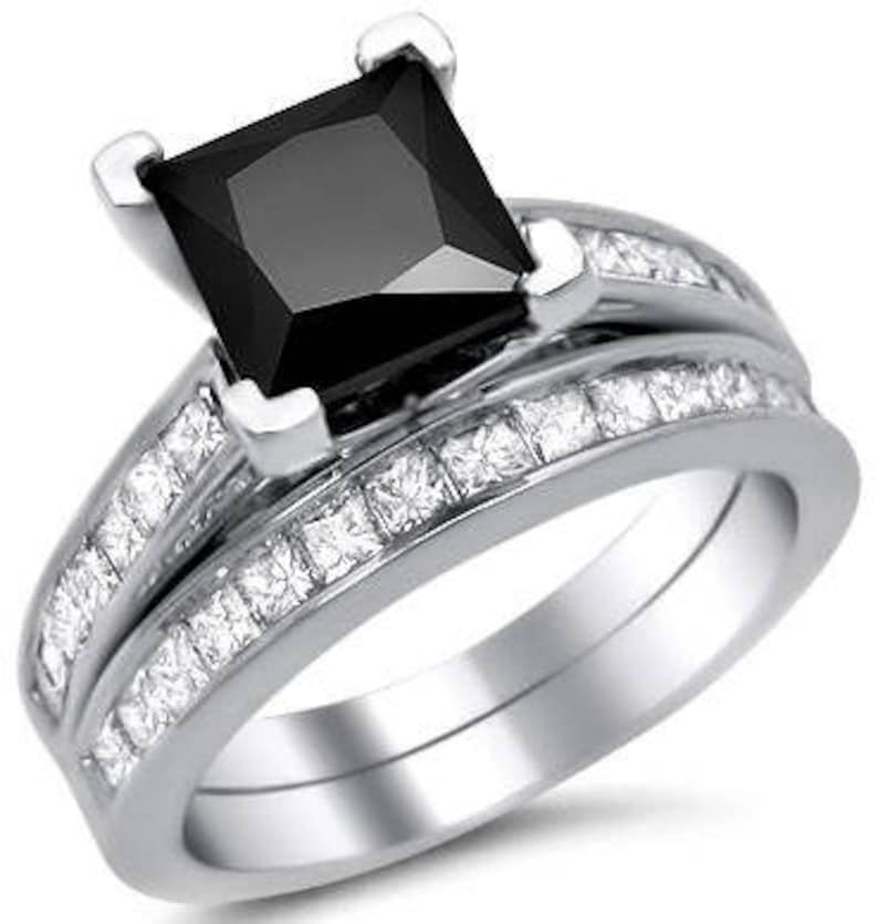 Black Princess Cut Diamond Engagement Ring Bridal Set 2.60ct Etsy