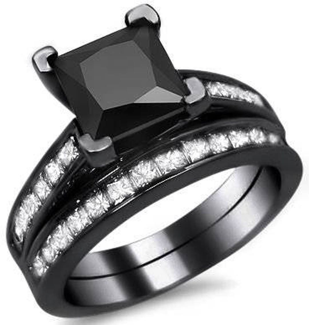 2.50ct Black Princess Cut Diamond Engagement Ring Bridal Set - Etsy