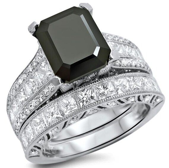 5.50ct Black Emerald Cut Diamond Engagement Ring Bridal Set | Etsy