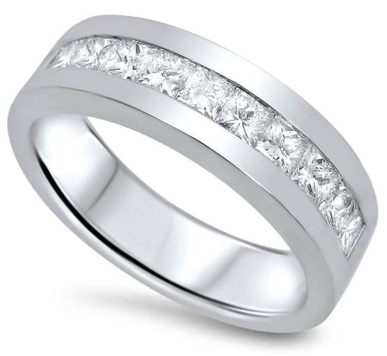 Mens Diamond Wedding Band Princess Cut 1.10ct 14k White