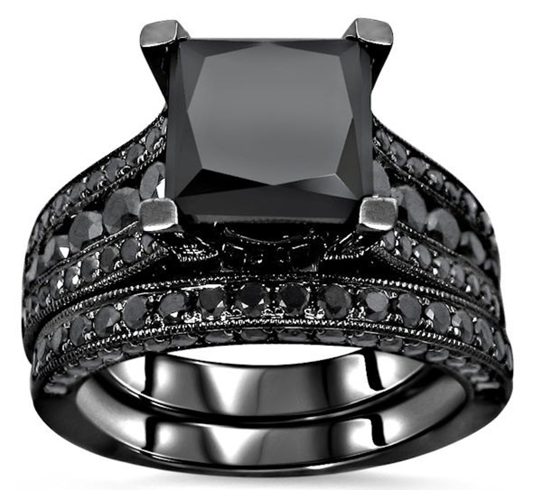 Black Princess Cut Diamond Engagement Ring Wedding Band Bridal - Etsy