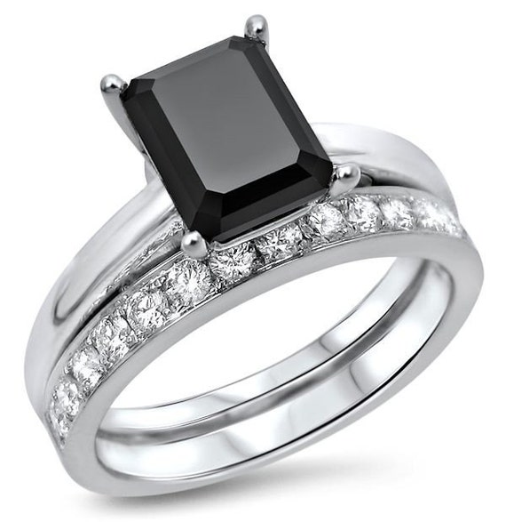 2.15ct Black Emerald Cut Diamond Engagement Ring Bridal Set | Etsy