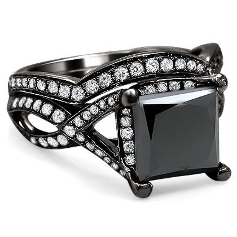 2.75ct Black Princess Cut Diamond Engagement Ring Bridal Set Etsy
