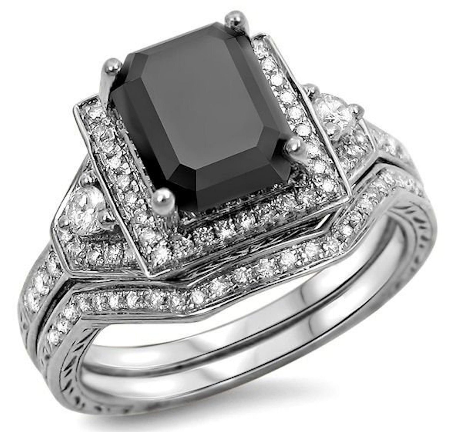 2.33ct Black Emerald Cut Diamond Engagement Ring Bridal Set Etsy