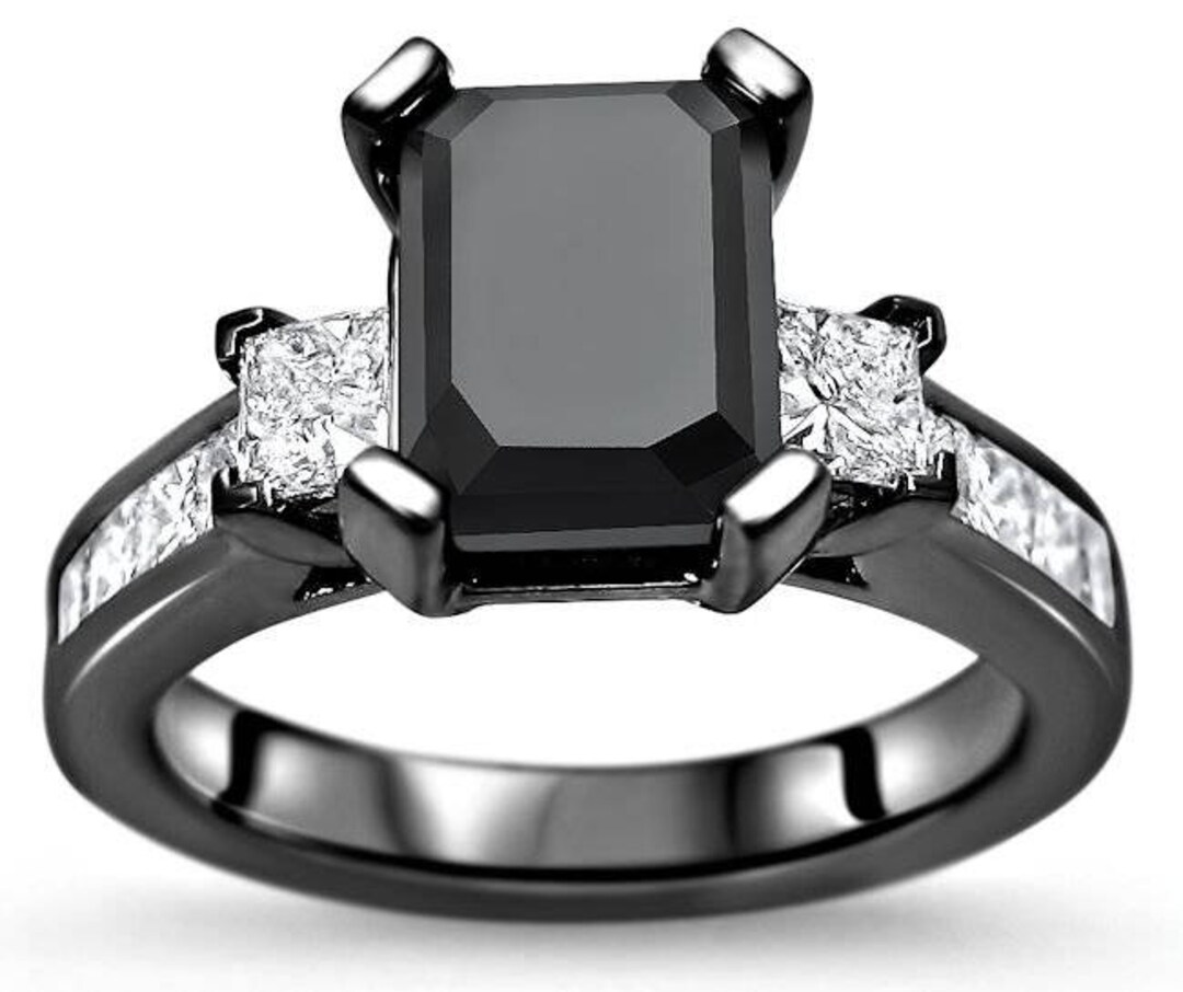 Emerald Cut Black Diamond Engagement Ring 3 Stone Bridal Set Etsy