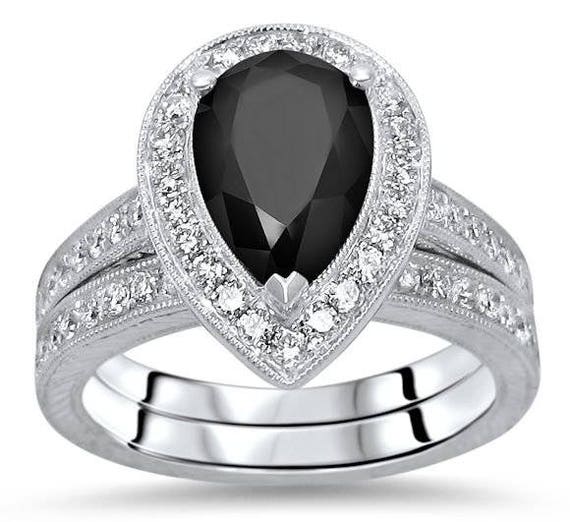 Pear Shape Black Diamond Engagement Ring Bridal Set Wedding Etsy