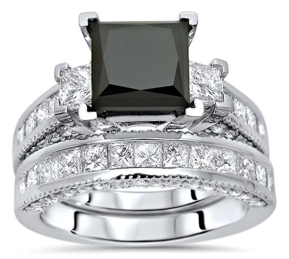 4.40ct Black Princess Cut 3 Stone Diamond Engagement Ring | Etsy