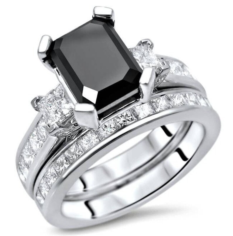 Emerald Cut Black Diamond Engagement Ring 3 Stone Bridal Set - Etsy
