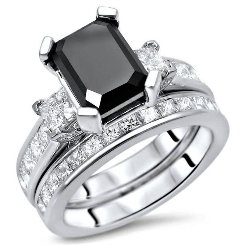 Emerald Cut Black Diamond Engagement Ring 3 Stone Bridal Set Etsy