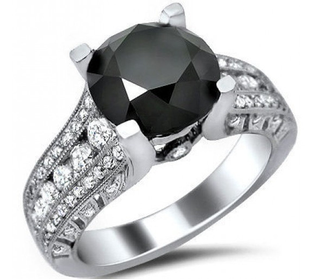 3.96ct Black Round Diamond Engagement Ring 18k White Gold - Etsy