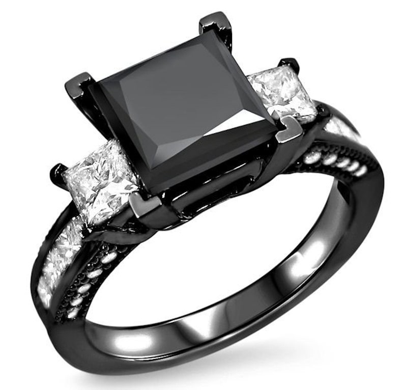 Black Princess Cut Diamond Engagement Ring 3 Stone 3.40ct 14k Etsy