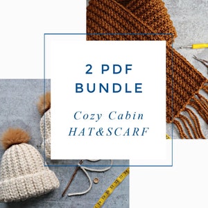 May include: A digital download for a crochet hat and scarf pattern. The image shows a white crochet hat with a brown pom-pom and a brown crochet scarf with fringe. The text on the image reads "2 PDF Bundle Cozy Cabin HAT & SCARF".