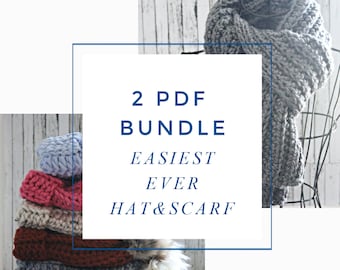 2 PATTERN BUNDLE, Easiest Hat Ever crochet pattern, Easiest Scarf Ever Pattern, Crochet Bulky Yarn, PDF, Beginner Friendly