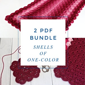 May include: Two PDF bundle of crochet patterns for shells of one color. The image shows a red crochet blanket, two smaller red crochet pieces, and yarn.