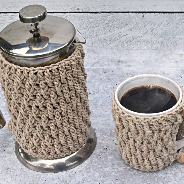 Cafe Cosy CROCHET PATTERN PDF, Mug texturé, modèle Cosy, presse à café au crochet confortable, presse et tasse à motif cosy