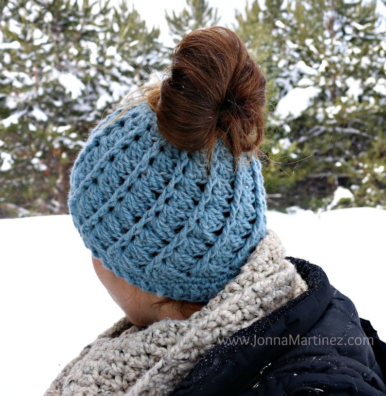 Crochet Pattern Seashell Messy Bun Hat Pattern, PDF, Crochet Bun Hat, Ponytail hat image 3