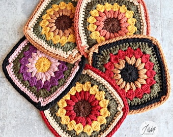 Autumn Flowers Square, Sunburst Granny Square, Sunflower Granny Square, photo tutorial and written pattern, blanket motif, bag motif, pdf