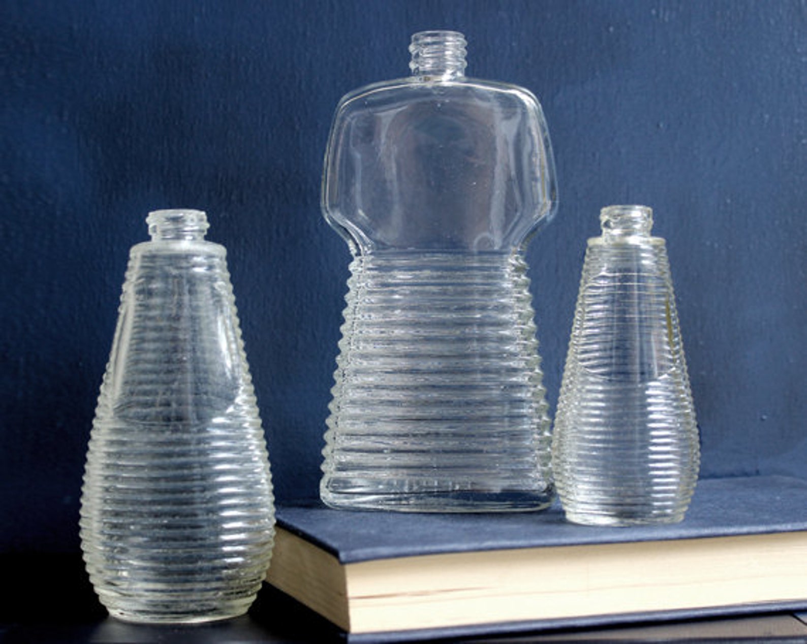 Set of 3 Uniquely Ribbed Vintage Glass Bottles Etsy