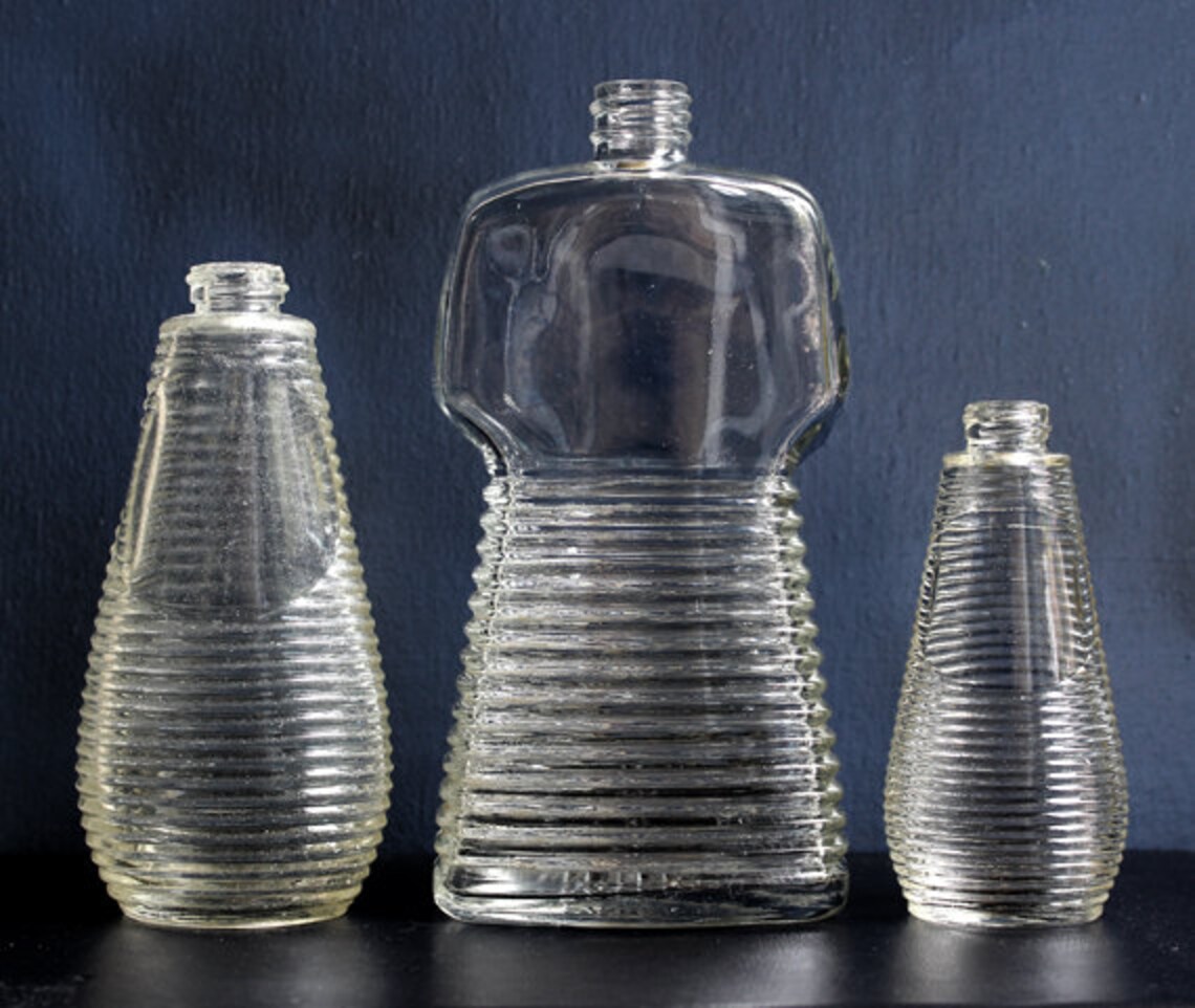 Set of 3 Uniquely Ribbed Vintage Glass Bottles Etsy
