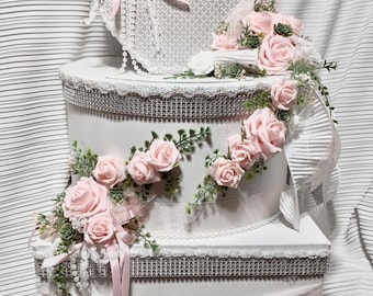 White Fabric Wedding Card Box, Pink Roses, Pearls, Ribbon