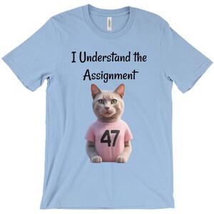 Könnte beinhalten: Hellblaues T-Shirt mit dem Text "I Understand the Assignment" und einer grauen Katze, die ein rosa T-Shirt mit der Nummer 47 trägt.