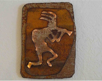 Kokopelli lighted panel made-to-order - 17"x12" - rustic sheet metal wall art with battery operated lighting on a timer