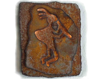 Kokopelli made-to-order 13.5"x11" lighted rustic sheet metal wall art with battery operated lighting on a timer