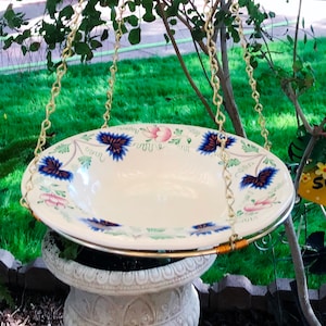 Vintage China Bowl Hanging Bird Bath: Macrame Hoop, Bird Lover Gift