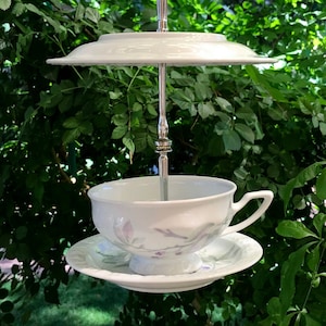 Vintage China Teacup Bird Feeder: Covered Seed, Bird Bath