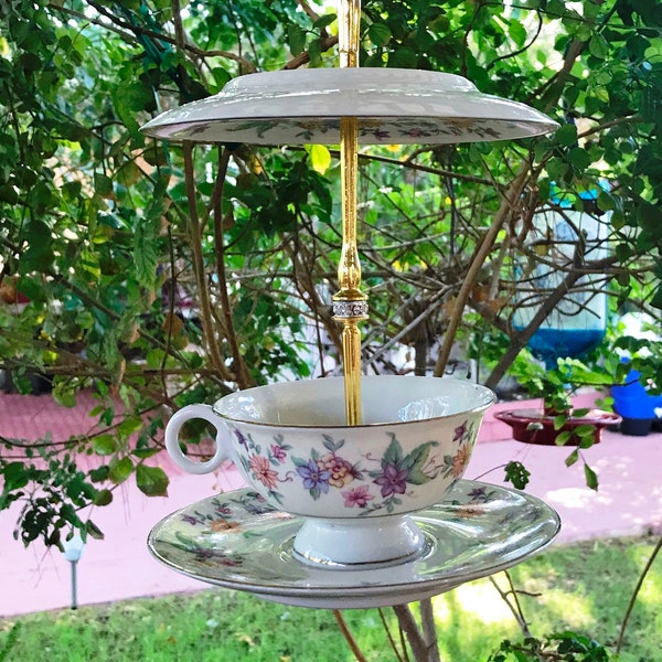 Tea Cup Bird Seed Feeder, Thistle Feeder, Theodore Haviland Springtime China, Bird Bath, Gift for Mom, Housewarming Gift, Bird Lover Gift