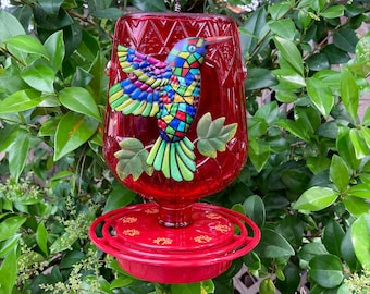 Hummingbird Feeder, Glass Crown Royal Bottle, Metal Hummingbird, Mosaic Glass