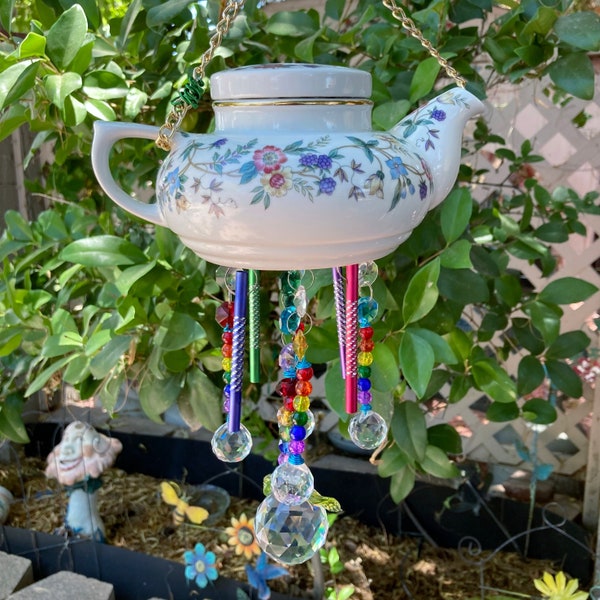 Wind Chime Vintage China Teapot Sun Catcher Rainbow Maker Chandelier Prism Windchime AB Crystal Housewarming Gift Gift for Mom