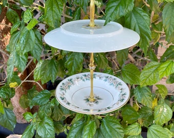 Bird Feeder, Vintage China, Gold Tone Hanger, Garden Bird Bath