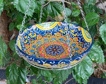 Hanging Bird Bath, Bird Feeders, 9 Inch Glazed Stoneware Bowl, Macrame Hoop