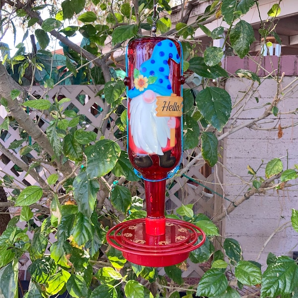 Hummingbird Feeder, Metal Garden Gnome, Liquor Bottle, Mosaic Glass, Recycled Glass, Bird Feeder, Gift for Mom, Garden Art, Bird Lover Gift