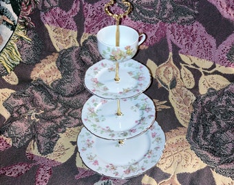 Tiered Cake Stand Cupcake Server Vintage Teacup & Saucer Macaroon Server Snack Tray Tea Party Server Gift for Mom Housewarming Gift
