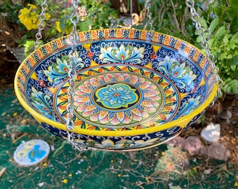 Hanging Bird Bath, Bird Feeders, 9 Inch Glazed Stoneware Bowl, Macrame Hoop