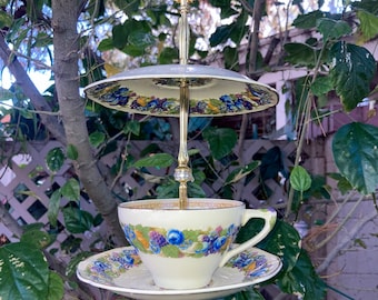 Vintage Teacup Bird Feeder: China Seed Feeder with Gold Hanger
