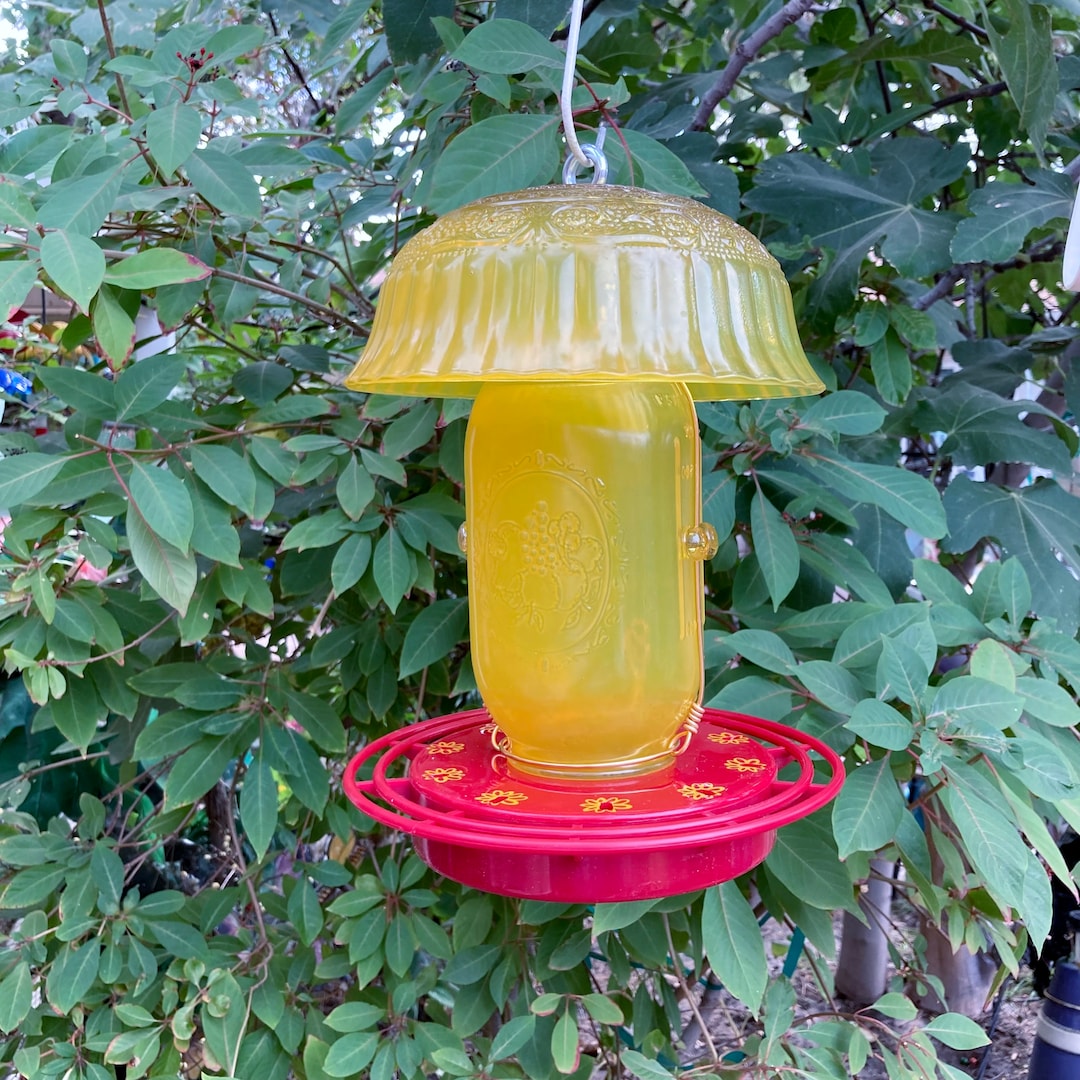 Mason Jar Hummingbird Feeder, Pressed Glass Bowl, Shade, Rain Guard