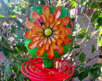 Hummingbird Feeder, Glass, Crown Royal Bottle, Metal Flower, Mosaic Glass, Large, 24 oz, Bird Feeder, Gifts for Mom, Bird Lover Gift