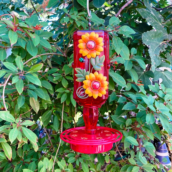 Hummingbird Feeder, Metal Sunflower, Jack Daniels Bottle, Mosaic Glass, Large Bird Feeder, Gift for Mom, Garden Art, Bird Lover Gift