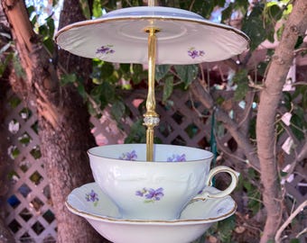 Vintage Teacup Bird Feeder: Ornate Metal Hanger, Rhinestone Accents