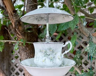 Teacup Bird Feeder: Vintage China Bird Bath with Rhinestone Accents