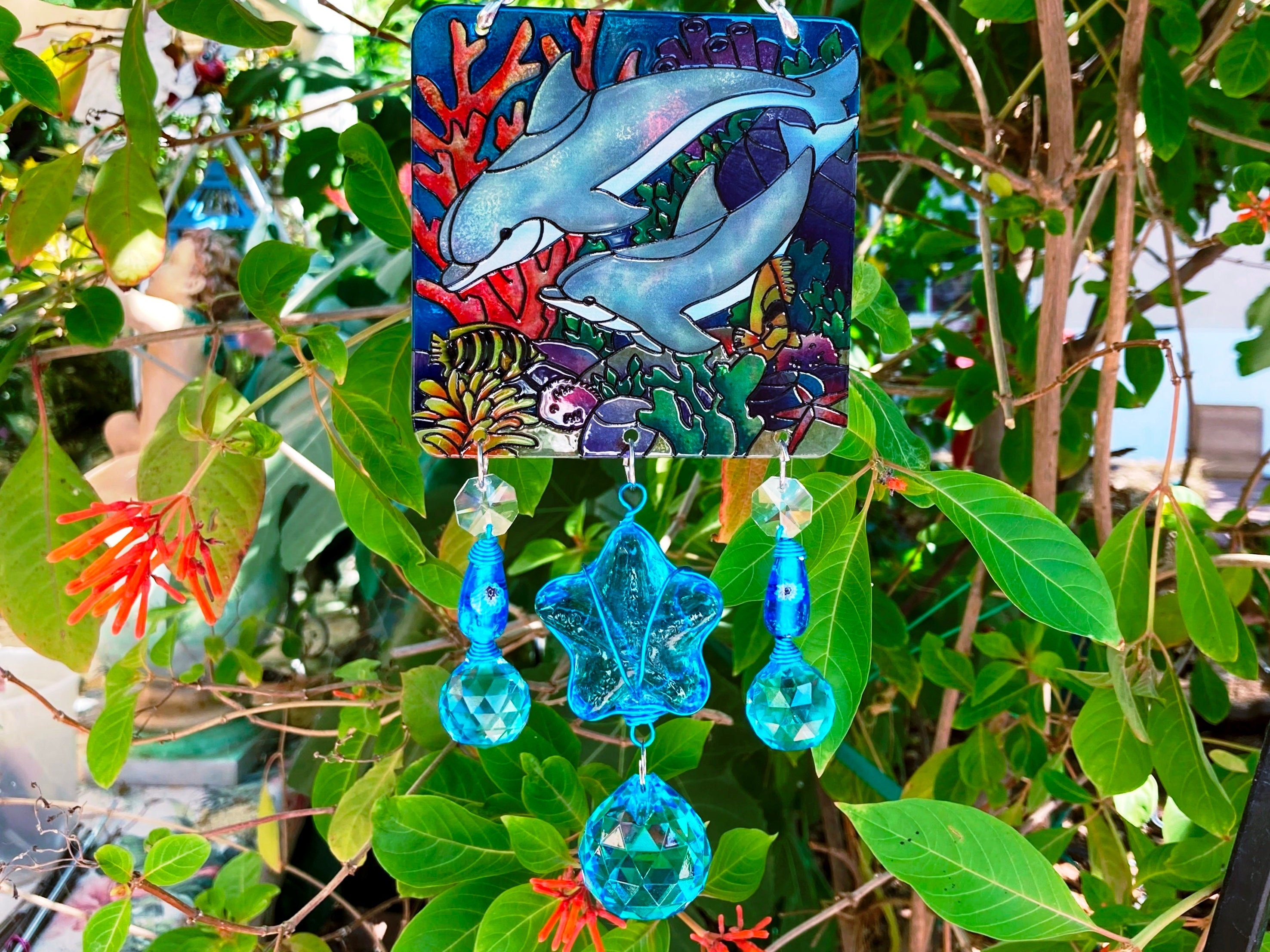 Stained Glass Window Hanging, Suncatcher, Star In Lime Green, Blue And