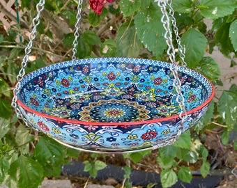 Bird Bath, Bird Feeder, Hanging Bird Bath, Glazed Stoneware Bowl, Jack Chain, Macrame Hoop, Bird Lover Gift, Gift for Mom, Housewarming Gift
