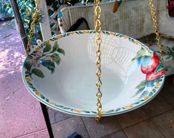 Bird Feeders, Bird Bath, Vintage China Bowl, Hanging Metal Macrame Hoop