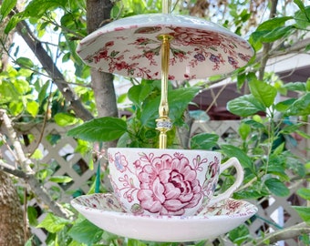 Vintage China Teacup Bird Feeder, Garden Decor, Bird Lover Gift