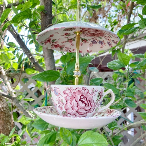 Vintage China Teacup Bird Feeder, Garden Decor, Bird Lover Gift